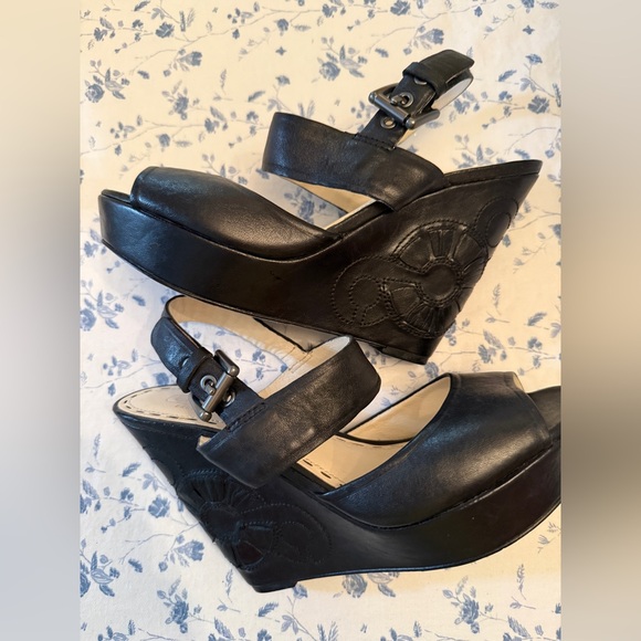 Coach Black Leather Wedge Sandals with Floral Coach Design - Picture 1 of 6